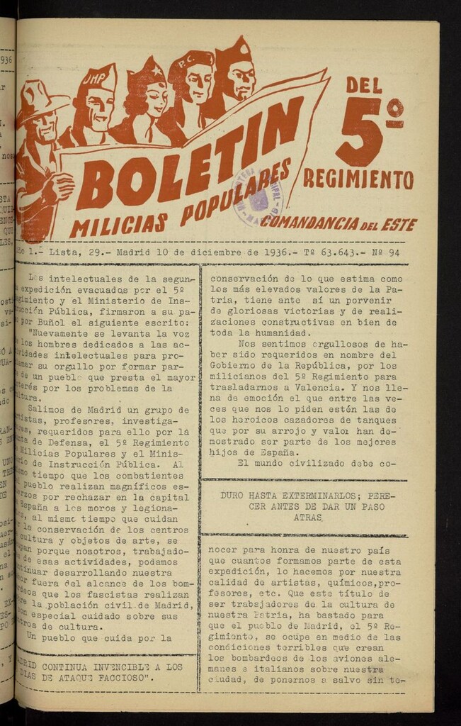 Miniatura de Boletín del 5º Regimiento: Milicias Populares del 10 de diciembre de 1936