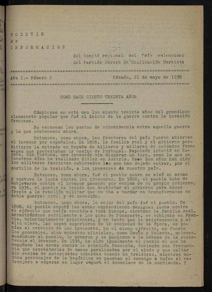 Miniatura de Boletín de Información del Comité Regional del País Valenciano del POUM del 21 de mayo de 1938