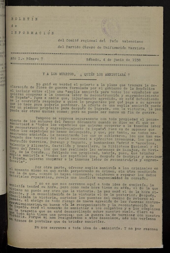 Miniatura de Boletín de Información del Comité Regional del País Valenciano del POUM del 4 de junio de 1938
