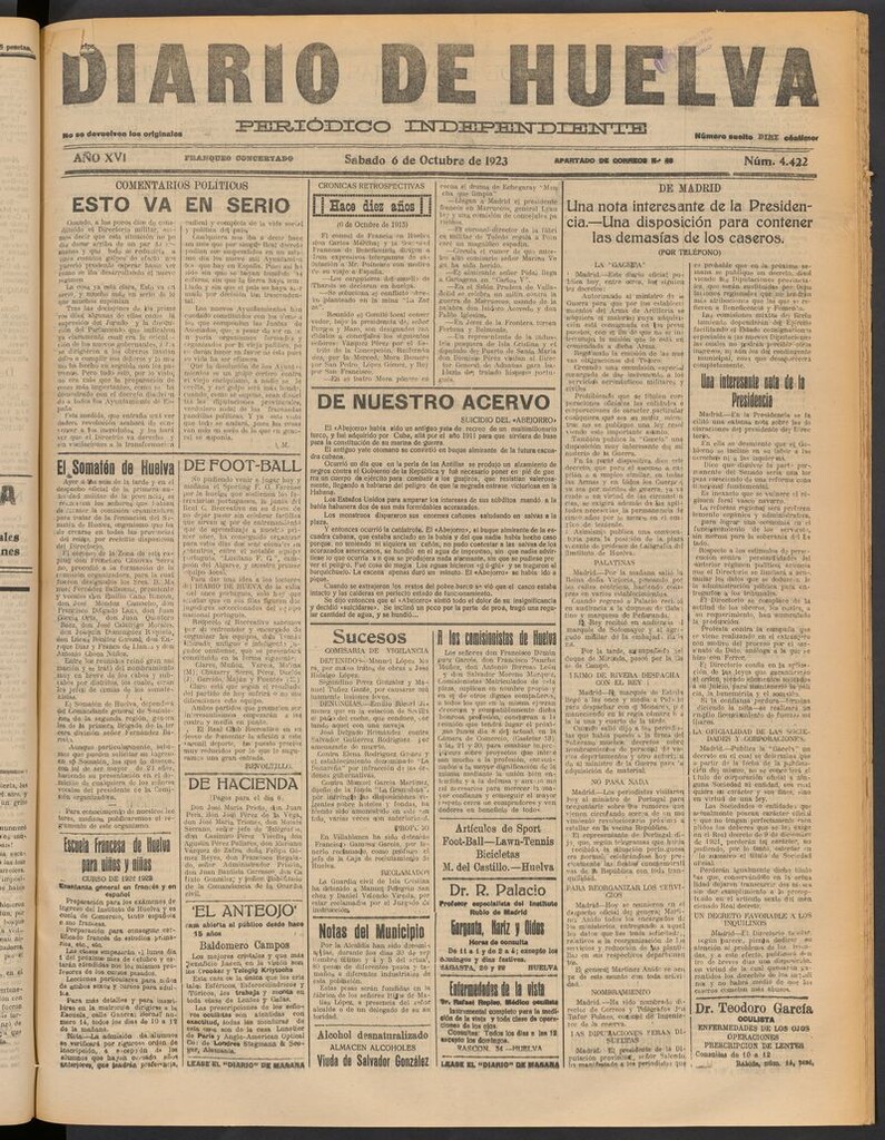 Miniatura de Diario de Huelva : periódico independiente del 6 de octubre de 1923