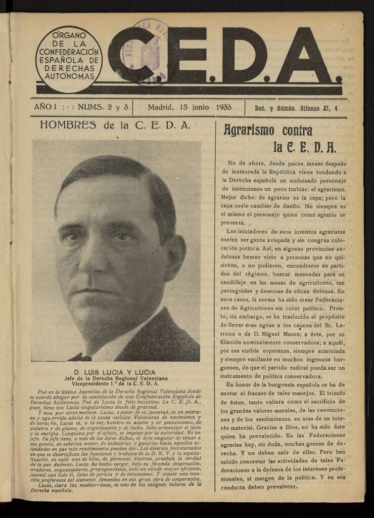 Miniatura de C.E.D.A.: organo de la Confederación Española de Derechas Autónomas del 15 de junio de 1933