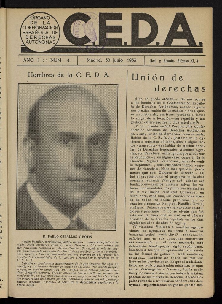 Miniatura de C.E.D.A.: organo de la Confederación Española de Derechas Autónomas del 30 de junio de 1933