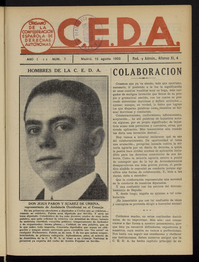 Miniatura de C.E.D.A.: organo de la Confederación Española de Derechas Autónomas del 15 de agosto de 1933