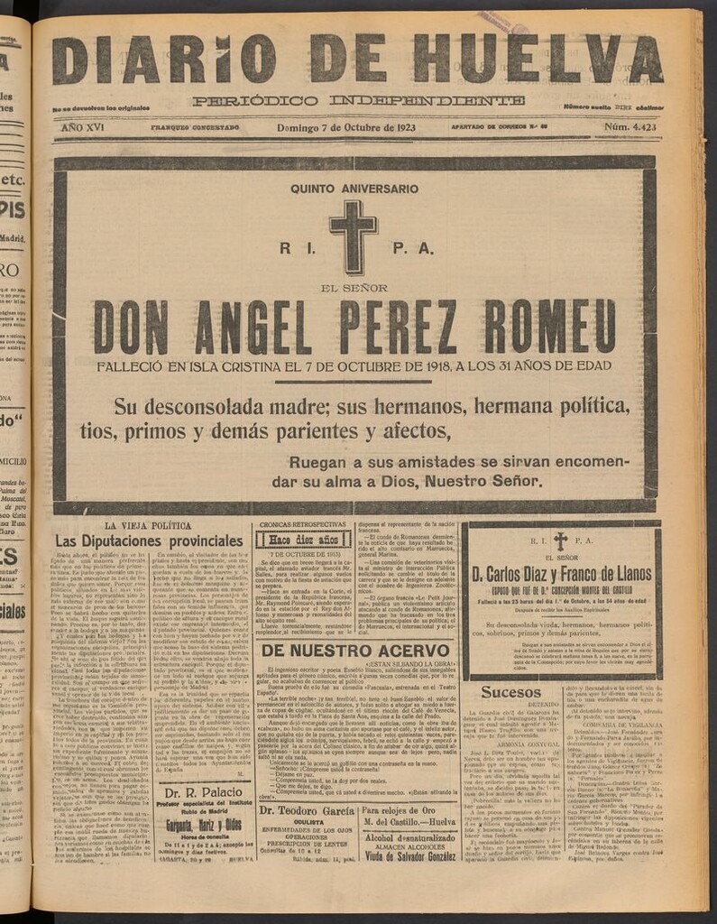 Miniatura de Diario de Huelva : periódico independiente del 7 de octubre de 1923