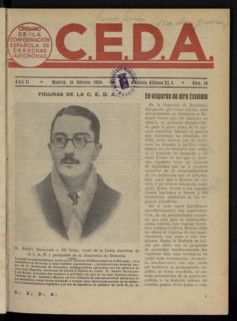 Miniatura de C.E.D.A.: organo de la Confederación Española de Derechas Autónomas del 15 de febrero de 1934