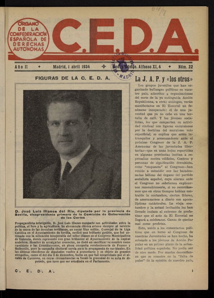 Miniatura de C.E.D.A.: organo de la Confederación Española de Derechas Autónomas del 1 de abril de 1934