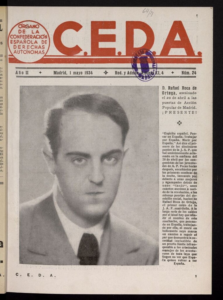 Miniatura de C.E.D.A.: organo de la Confederación Española de Derechas Autónomas del 1 de mayo de 1934