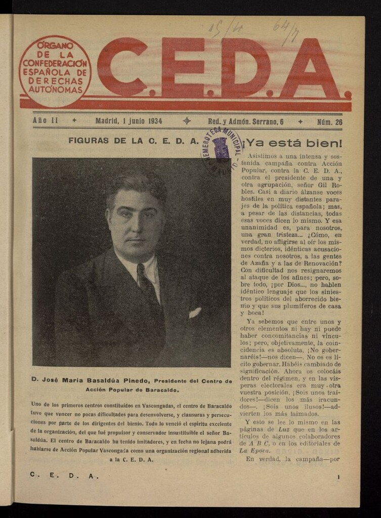 Miniatura de C.E.D.A.: organo de la Confederación Española de Derechas Autónomas del 1 de junio de 1934
