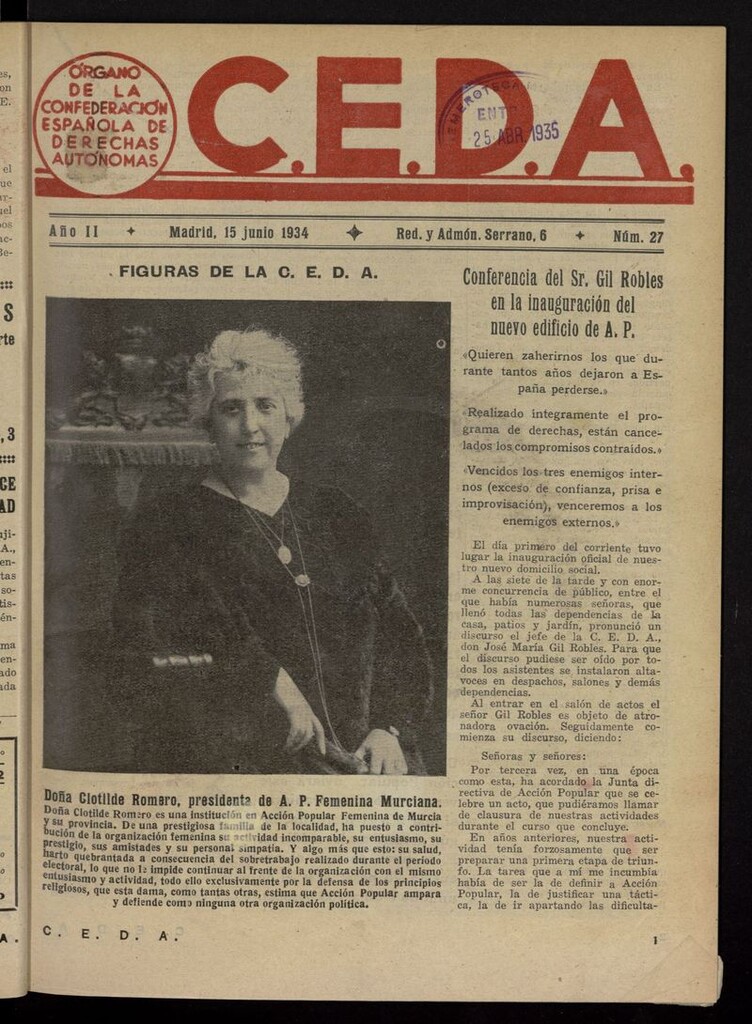 Miniatura de C.E.D.A.: organo de la Confederación Española de Derechas Autónomas del 15 de junio de 1934