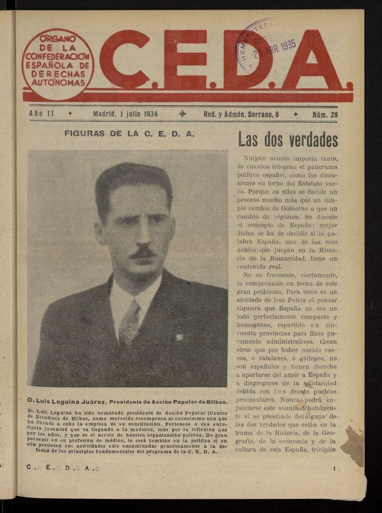 Miniatura de C.E.D.A.: organo de la Confederación Española de Derechas Autónomas del 1 de julio de 1934