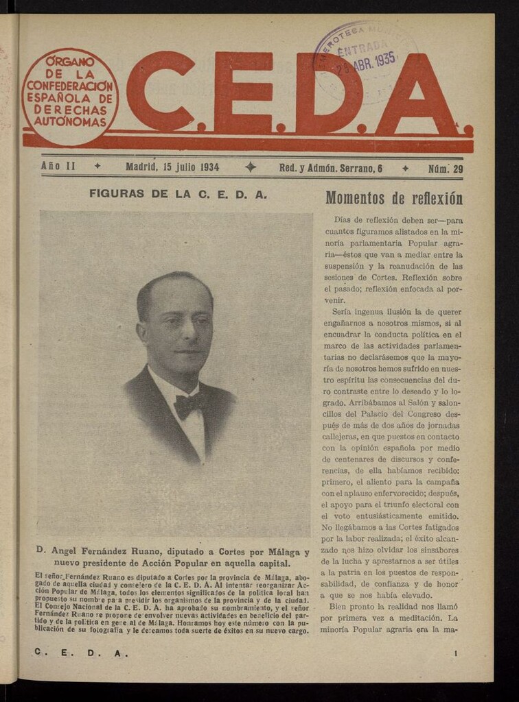 Miniatura de C.E.D.A.: organo de la Confederación Española de Derechas Autónomas del 15 de julio de 1934