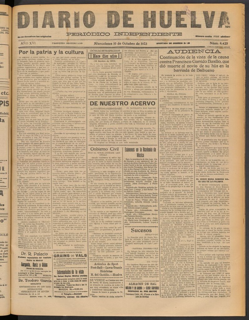 Miniatura de Diario de Huelva : periódico independiente del 10 de octubre de 1923