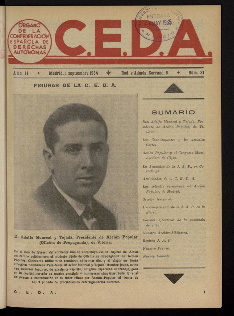 Miniatura de C.E.D.A.: organo de la Confederación Española de Derechas Autónomas del 1 de septiembre de 1934
