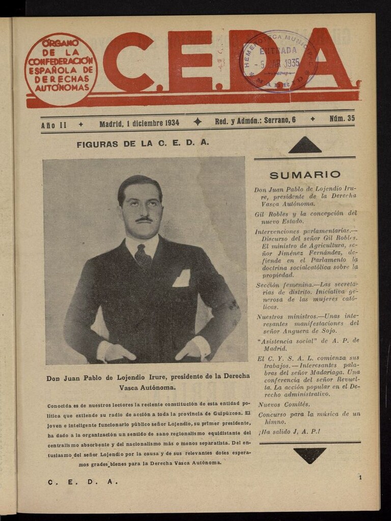 Miniatura de C.E.D.A.: organo de la Confederación Española de Derechas Autónomas del 1 de diciembre de 1934