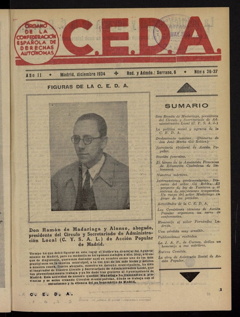 Miniatura de C.E.D.A.: organo de la Confederación Española de Derechas Autónomas de diciembre de 1934