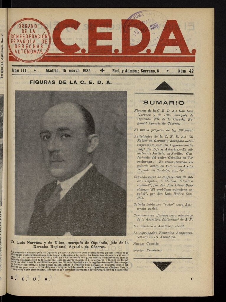 Miniatura de C.E.D.A.: organo de la Confederación Española de Derechas Autónomas del 15 de marzo de 1935