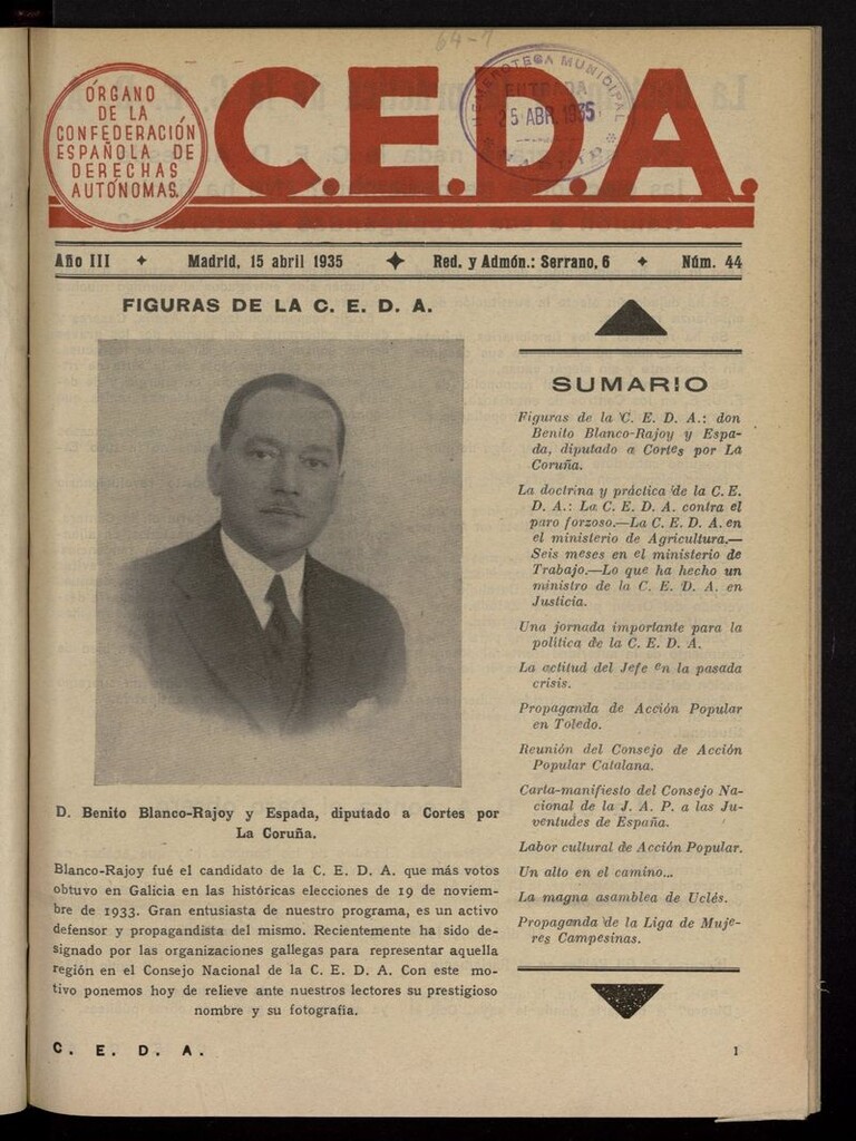 Miniatura de C.E.D.A.: organo de la Confederación Española de Derechas Autónomas del 15 de abril de 1935