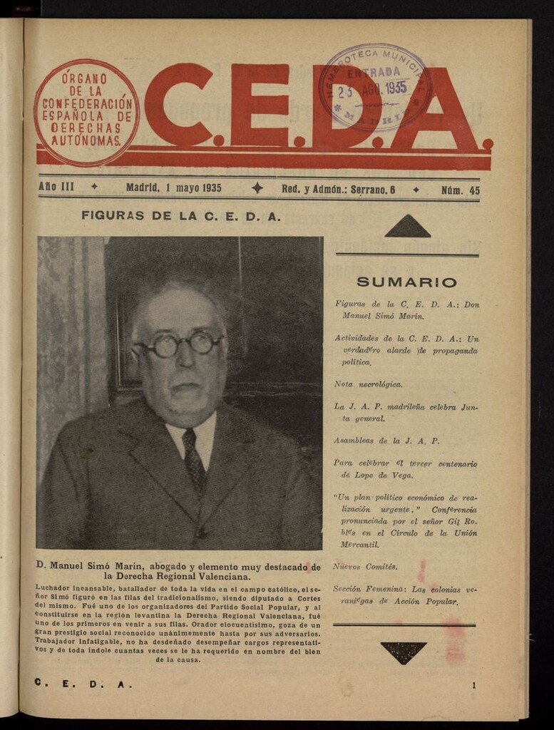 Miniatura de C.E.D.A.: organo de la Confederación Española de Derechas Autónomas del 1 de mayo de 1935