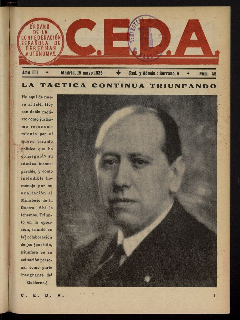 Miniatura de C.E.D.A.: organo de la Confederación Española de Derechas Autónomas del 15 de mayo de 1935