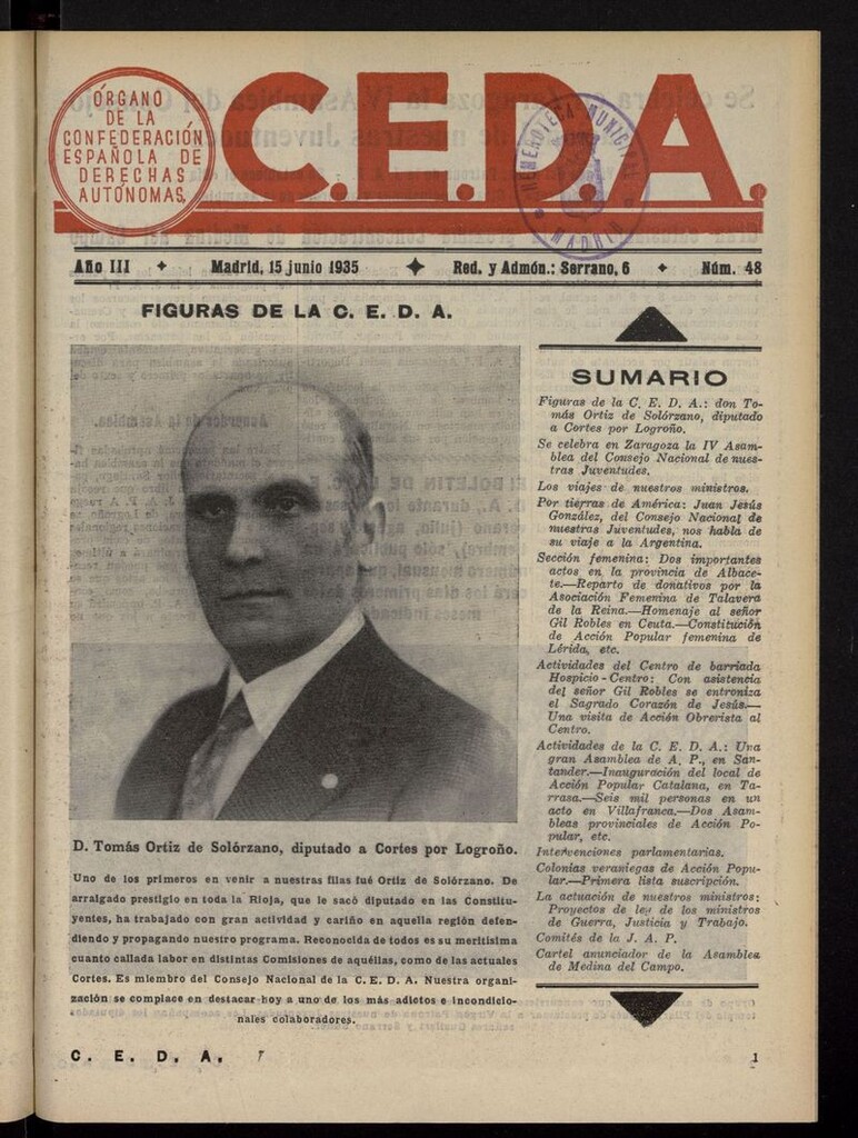 Miniatura de C.E.D.A.: organo de la Confederación Española de Derechas Autónomas del 15 de junio de 1935