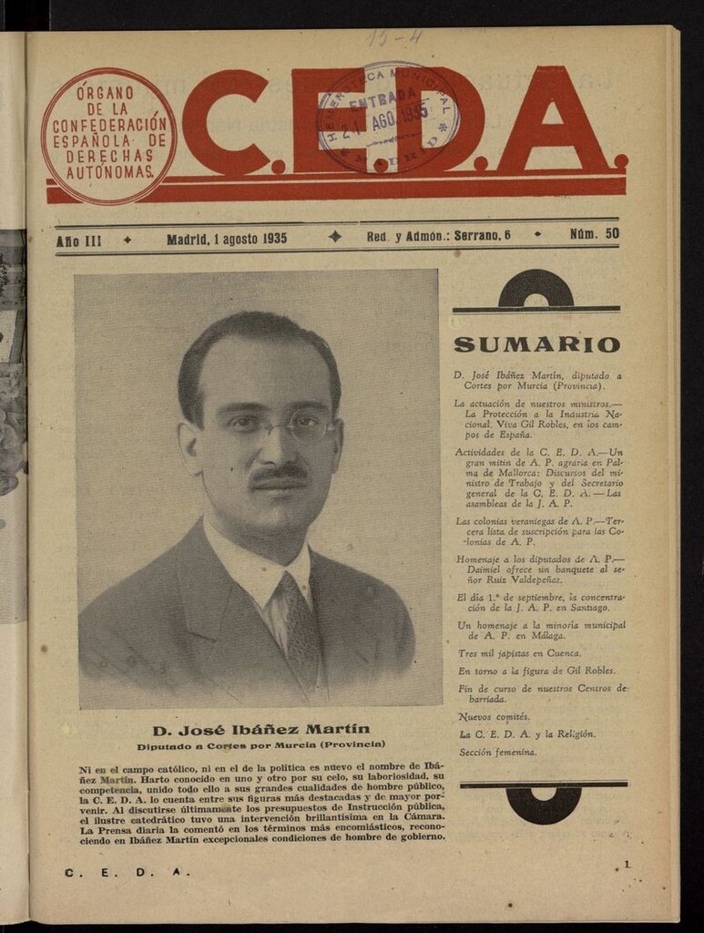 Miniatura de C.E.D.A.: organo de la Confederación Española de Derechas Autónomas del 1 de agosto de 1935