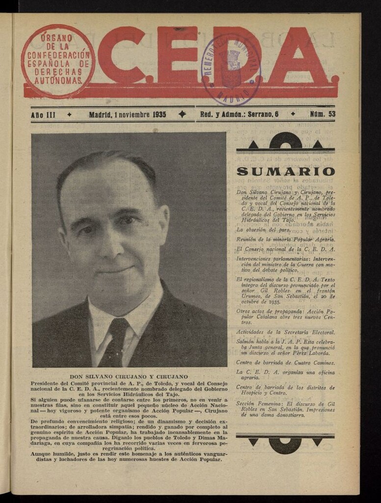 Miniatura de C.E.D.A.: organo de la Confederación Española de Derechas Autónomas del 1 de noviembre de 1935