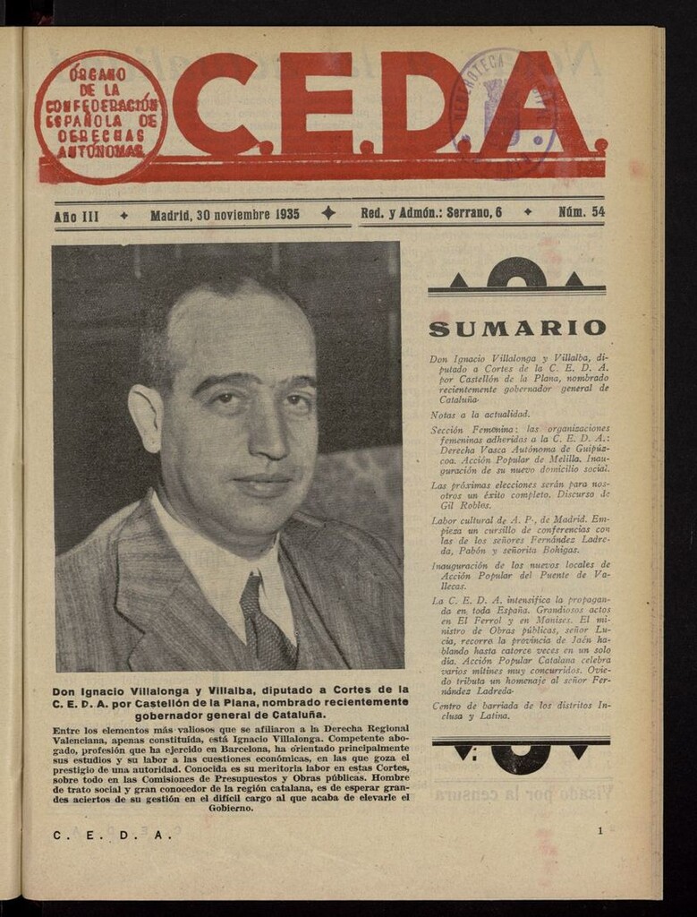 Miniatura de C.E.D.A.: organo de la Confederación Española de Derechas Autónomas del 30 de noviembre de 1935