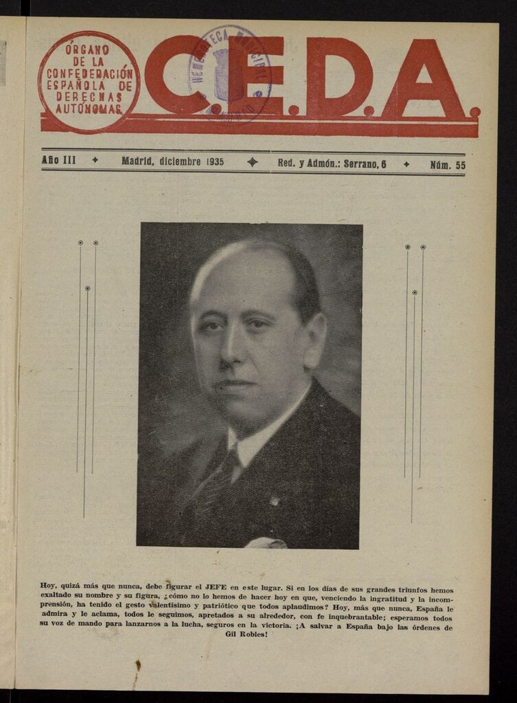 Miniatura de C.E.D.A.: organo de la Confederación Española de Derechas Autónomas de diciembre de 1935