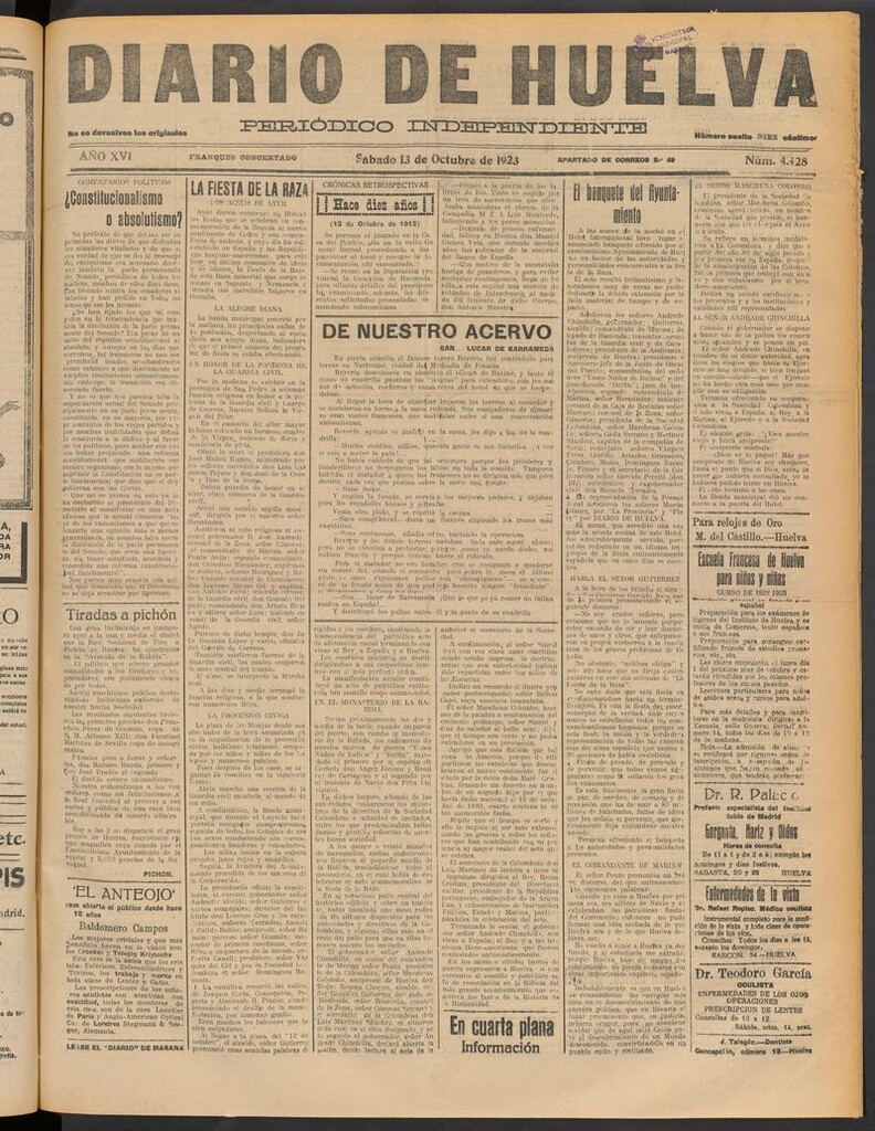 Miniatura de Diario de Huelva : periódico independiente del 13 de octubre de 1923