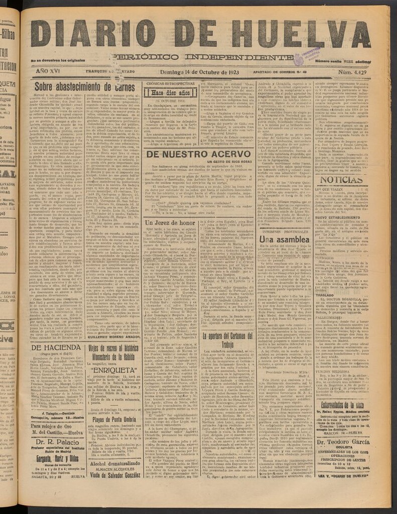 Miniatura de Diario de Huelva : periódico independiente del 14 de octubre de 1923