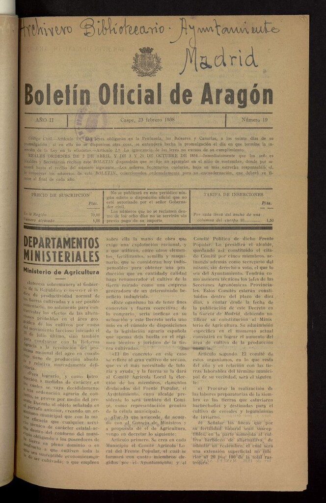 Miniatura de Boletín Oficial de Aragón (Caspe. 1937) del 23 de febrero de 1938