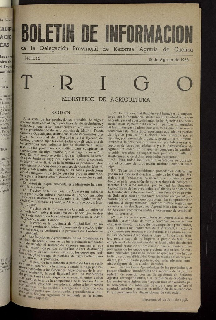 Miniatura de Boletín de información de la delegación provincial de reforma agraria en Cuenca del 15 de agosto de 1938