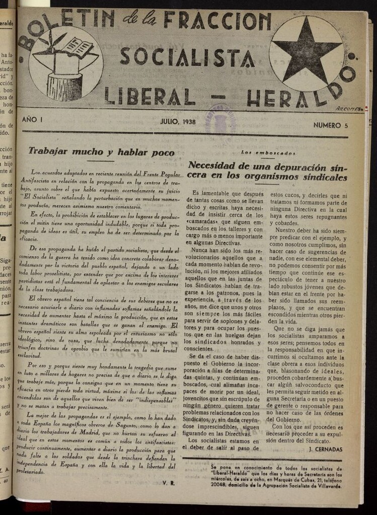 Miniatura de Boletín de la Fracción Socialista Liberal-Heraldo de julio de 1938