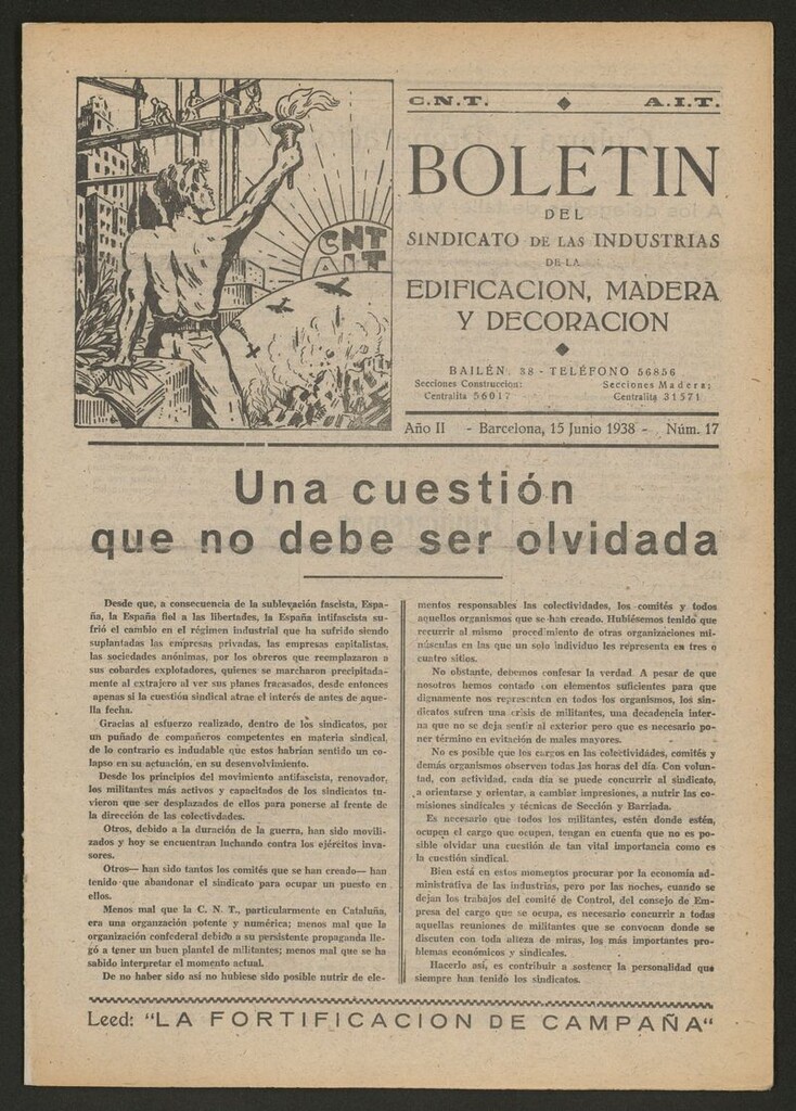 Miniatura de Boletín del Sindicato de las Industrias de la Edificación, Madera y Decoración del 15 de junio de 1938