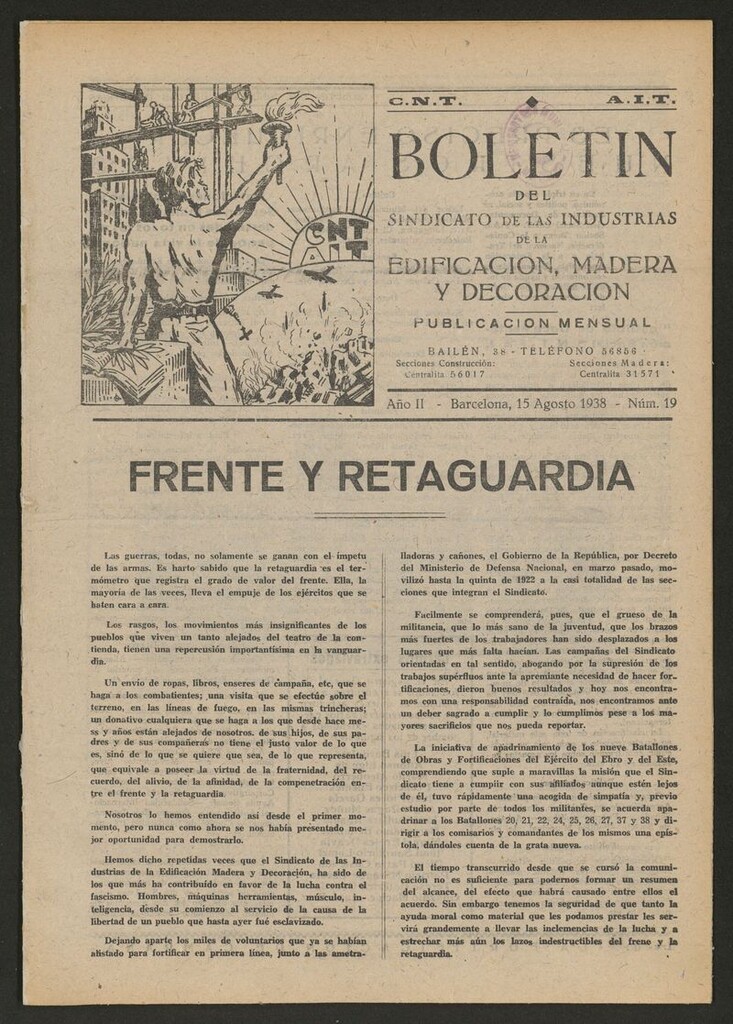 Miniatura de Boletín del Sindicato de las Industrias de la Edificación, Madera y Decoración del 15 de agosto de 1938