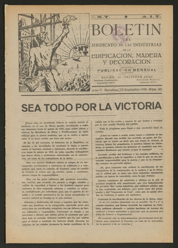 Miniatura de Boletín del Sindicato de las Industrias de la Edificación, Madera y Decoración del 15 de septiembre de 1938