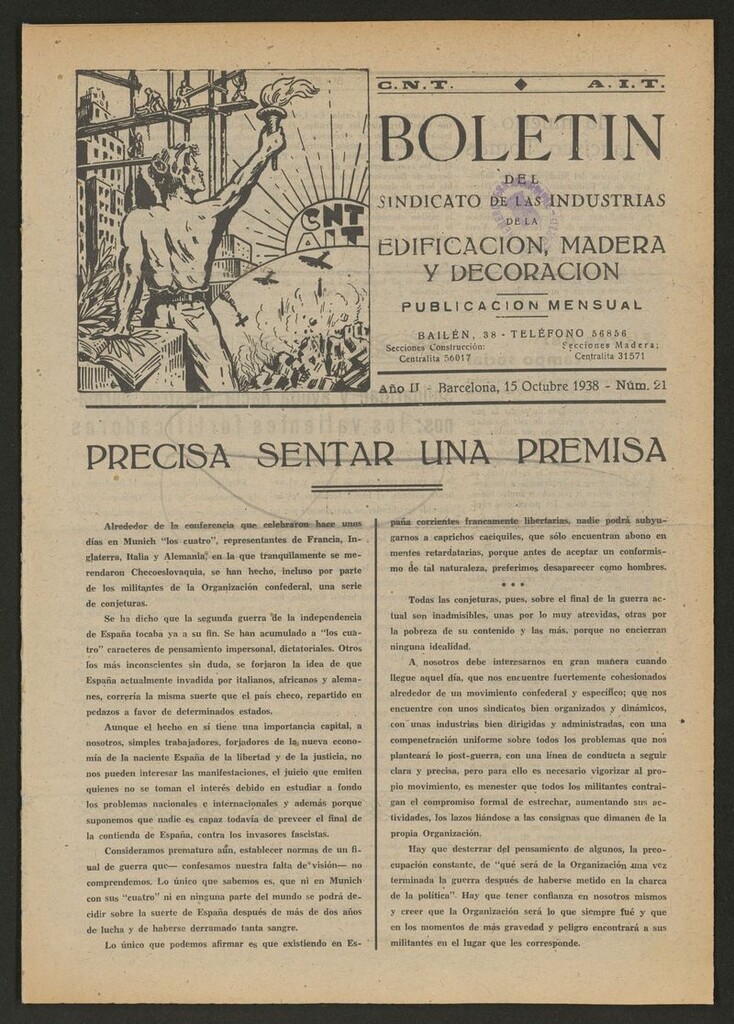 Miniatura de Boletín del Sindicato de las Industrias de la Edificación, Madera y Decoración del 15 de octubre de 1938