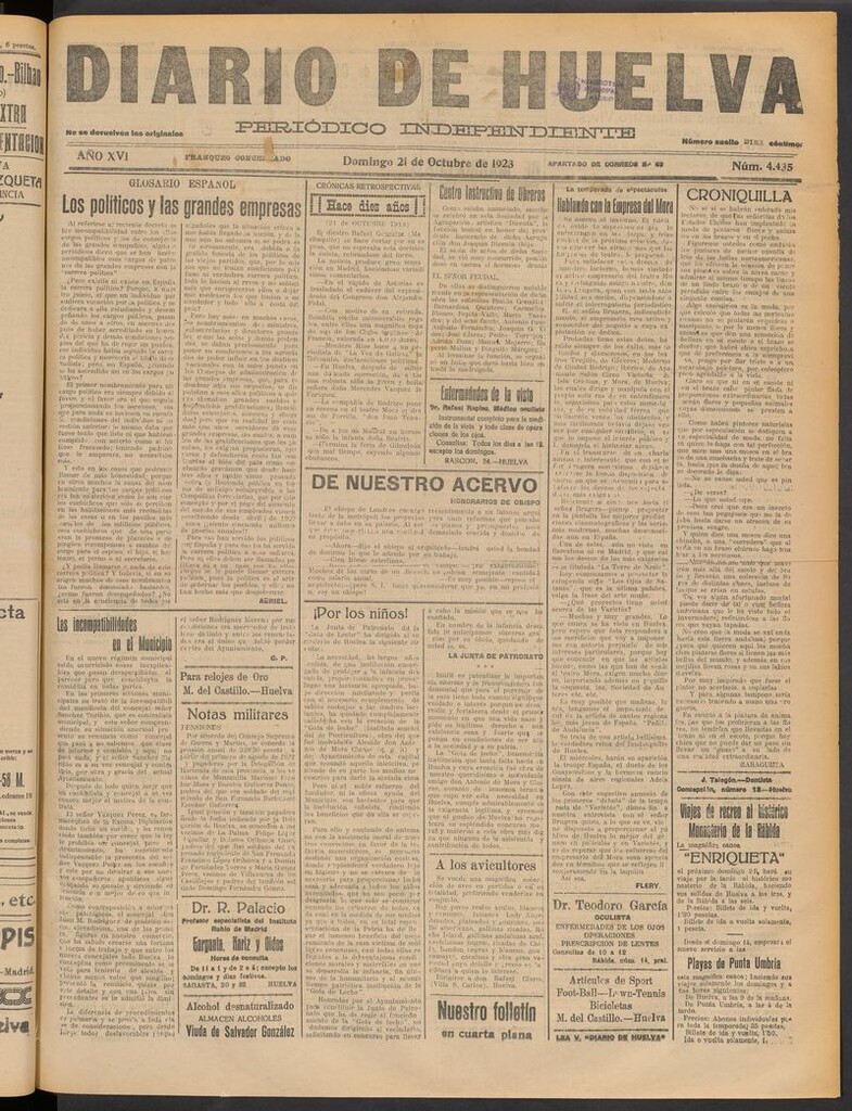 Miniatura de Diario de Huelva : periódico independiente del 21 de octubre de 1923