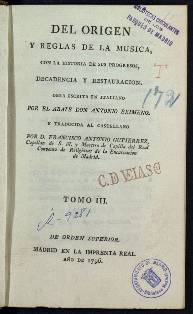 Miniatura de Del origen y reglas de la música, con la historia de sus progresos, decadencia y restauración. Tomo 3