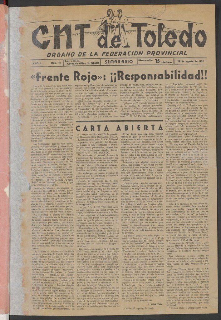 Miniatura de C.N.T. de Toledo : Organo de la Federación Provincial del 28 de agosto de 1937