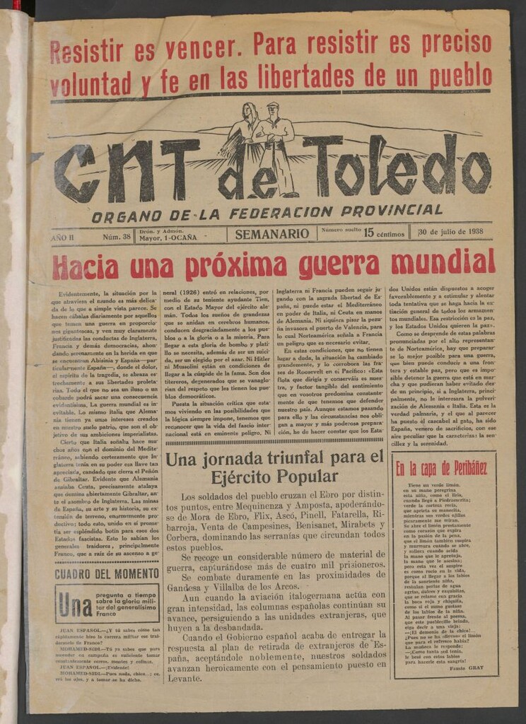 Miniatura de C.N.T. de Toledo : Organo de la Federación Provincial del 30 de julio de 1938