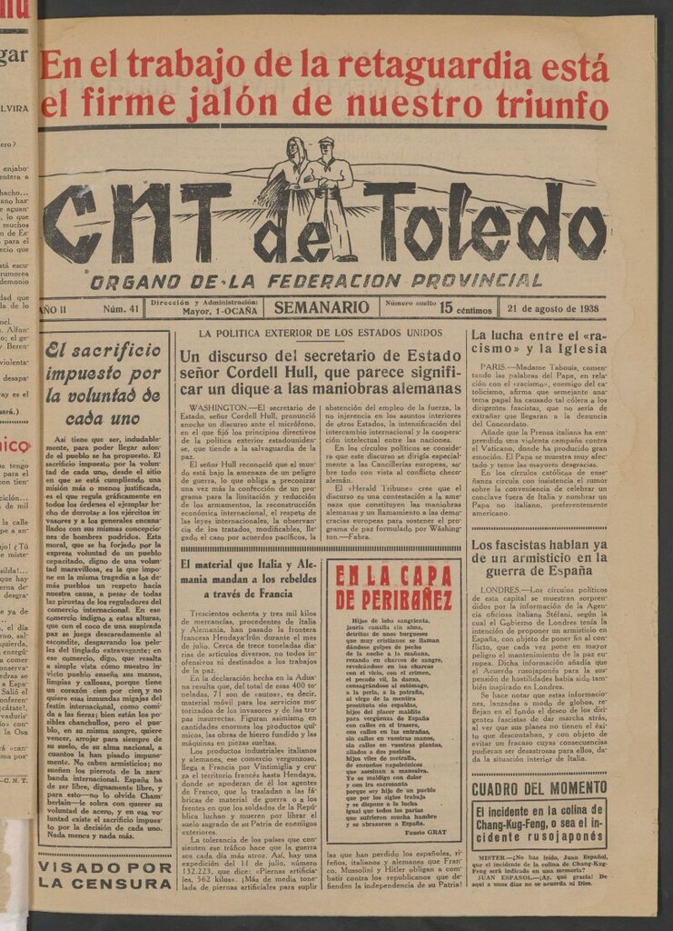 Miniatura de C.N.T. de Toledo : Organo de la Federación Provincial del 21 de agosto de 1938
