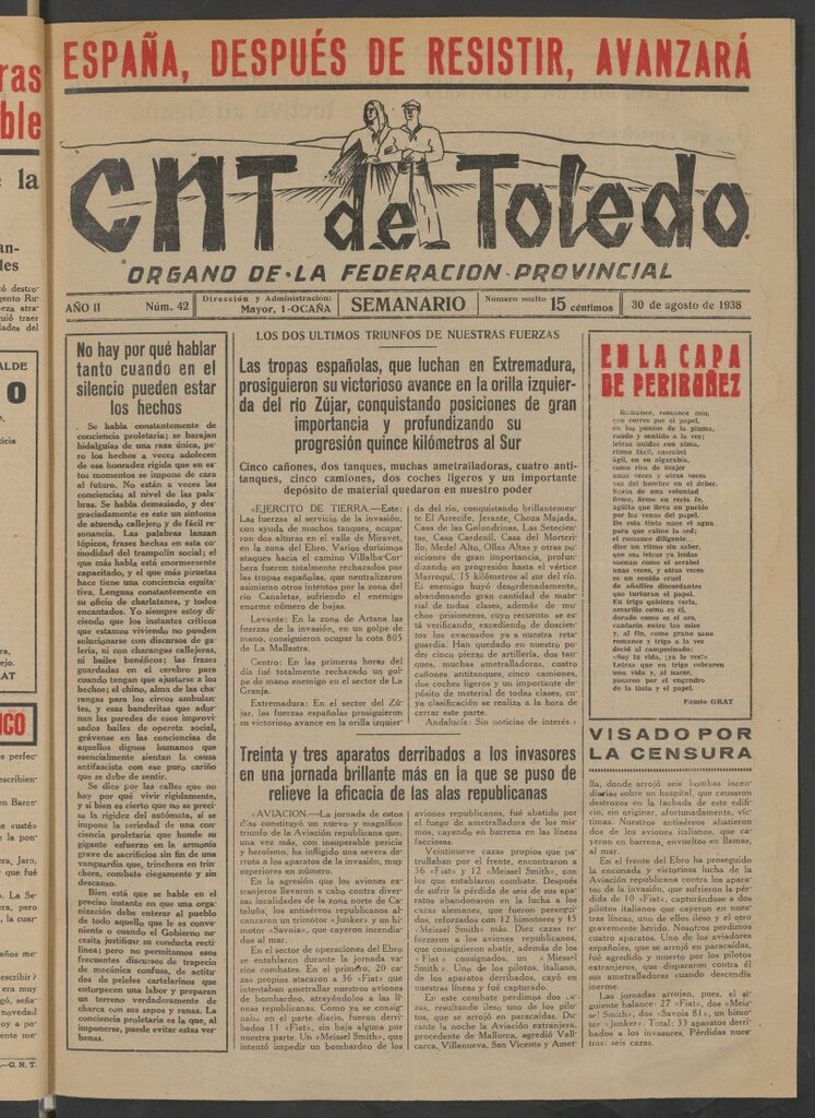 Miniatura de C.N.T. de Toledo : Organo de la Federación Provincial del 30 de agosto de 1938