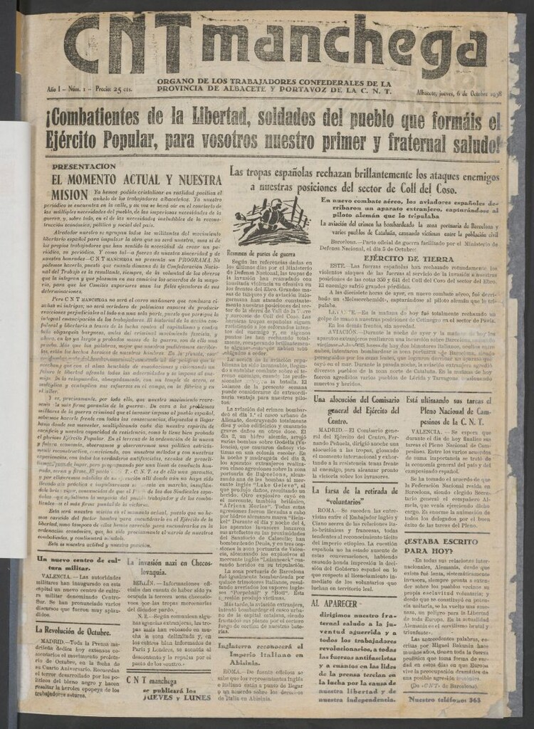 Miniatura de C.N.T. Manchega : Organo de los Trabajadores Confederales de la Provincia de Albacete y Portavoz de la C.N.T. del 6 de octubre de 1938