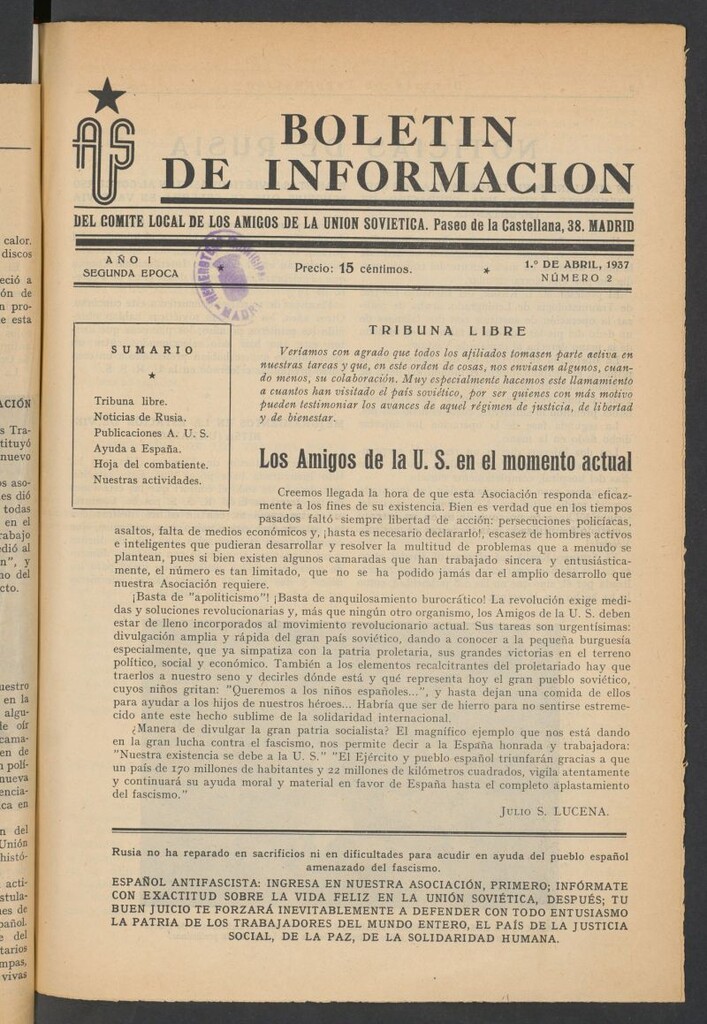 Miniatura de Boletín de Información del Comité Local de los Amigos de la Unión Soviética del 1 de abril de 1937