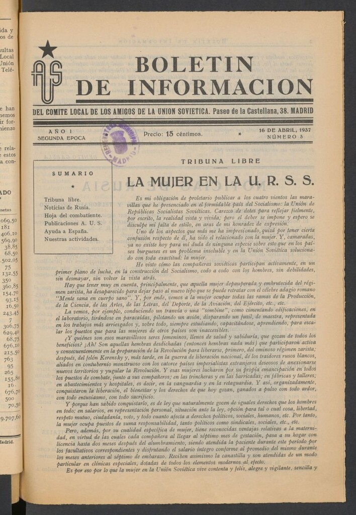Miniatura de Boletín de Información del Comité Local de los Amigos de la Unión Soviética del 16 de abril de 1937