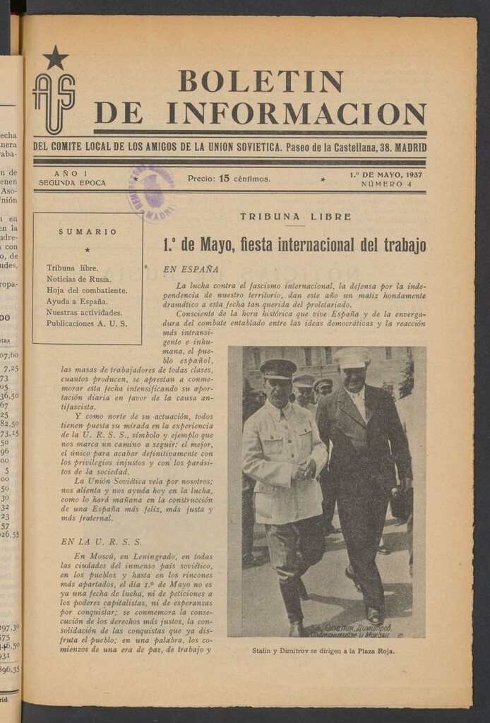 Miniatura de Boletín de Información del Comité Local de los Amigos de la Unión Soviética del 1 de mayo de 1937