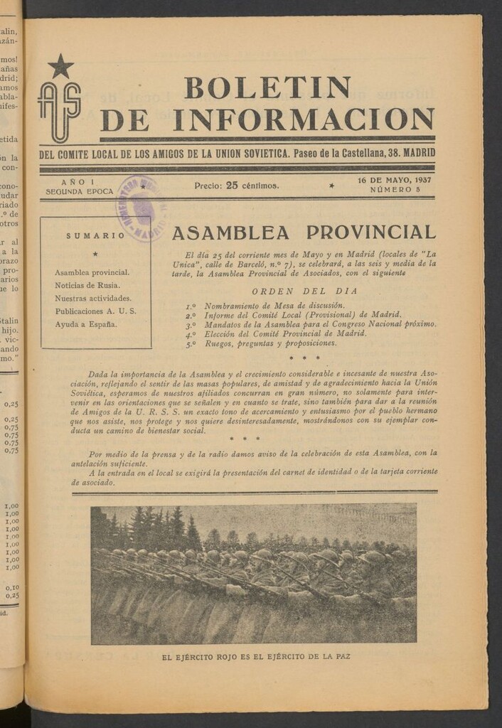 Miniatura de Boletín de Información del Comité Local de los Amigos de la Unión Soviética del 16 de mayo de 1937