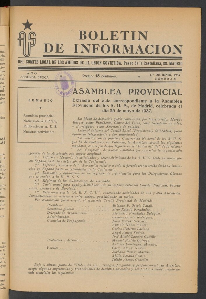 Miniatura de Boletín de Información del Comité Local de los Amigos de la Unión Soviética del 1 de junio de 1937