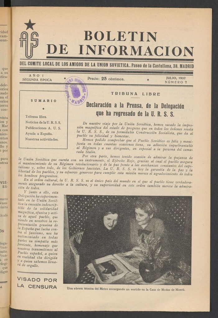 Miniatura de Boletín de Información del Comité Local de los Amigos de la Unión Soviética de julio de 1937